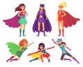 Superheroes women characters. Wonder female hero character in superhero costume with waving cloak. Super girls cartoon Royalty Free Stock Photo