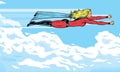 Superheroine flying in the clouds