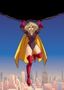 Superheroine Holding Boulder Above City