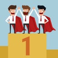 Superheros business team have to success. Standing on the winning podium.