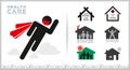 A superhuman with a red cape and a mask. Family staying safely at home. House icons with roof and chimney. Royalty Free Stock Photo