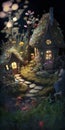 Realistic, dramatic, render A nostalgic and whimsical fairy garden with tiny house