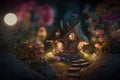 Realistic, dramatic, render A nostalgic and whimsical fairy garden with tiny house