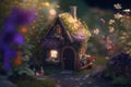 Realistic, dramatic, render A nostalgic and whimsical fairy garden with tiny house