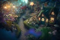 Realistic, dramatic, render A nostalgic and whimsical fairy garden with tiny house