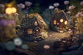Realistic, dramatic, render A nostalgic and whimsical fairy garden with tiny house