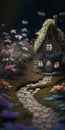 Realistic, dramatic, render A nostalgic and whimsical fairy garden with tiny house