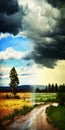 Superimposed rain over a lovely sunny day landscape art