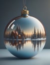 Superior Christmas bauble with a detailed painting of a winter landscape with houses at a lake.
