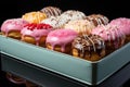 Superior view of colorful candy donuts in a box on a turquoise s Royalty Free Stock Photo