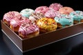 Superior view of colorful candy donuts in a box on a turquoise s Royalty Free Stock Photo