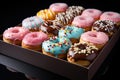 Superior view of colorful candy donuts in a box on a turquoise s Royalty Free Stock Photo