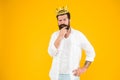 Superiority complex. Sense of self importance. Responsibility being king. Handsome bearded guy king. Narcissistic person Royalty Free Stock Photo