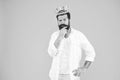 Superiority complex. Sense of self importance. Responsibility being king. Handsome bearded guy king. Narcissistic person Royalty Free Stock Photo