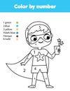 Superkid. Boy in superhero costume. Coloring page for kids. Educational children game. Color by numbers activity Royalty Free Stock Photo