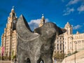 A SuperLambBanana statue at the Pier Head on River Mersey at Liverpool.