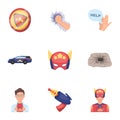 Superman, explosion, fire, and other web icon in cartoon style.Pistol, weapons, innovations, icons in set collection.