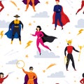 Superman pattern. Seamless comic background with characters flying in american costumes. Lightning stars and clouds in