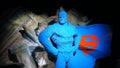 SUPERMAN sculpture in blue version made with Lego bricks by Nathan Sawaya from The Art of the Brick