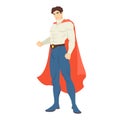 Superman or superhero. Handsome man with muscular body wearing bodysuit and cape standing in powerful posture. Brave and Royalty Free Stock Photo