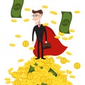 Superman on top of a mountain of money. Business, success