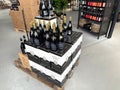 Supermarked wine section with a large selection of wine Royalty Free Stock Photo