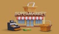 Supermarket advertising concept on colored background. Shop with text sign, inventory, banknotes