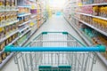 Supermarket aisle with empty blue shopping cart with customer defocus background