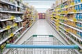 Supermarket aisle with empty blue shopping cart with customer defocus background Royalty Free Stock Photo