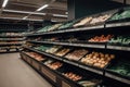 Supermarket aisle with fresh fruits and vegetables in grocery store or supermarket, Grocery and vegetable shelves in the Royalty Free Stock Photo