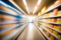 Supermarket aisle in motion blur. Shallow depth of field.