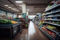 Supermarket aisle, products on market shelfs, shopping in grocery store