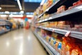 Supermarket aisle, shelves with a blurred background, creating shopping ambiance Royalty Free Stock Photo