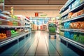 Supermarket aisle with shelves full of food products. Blurred background Royalty Free Stock Photo