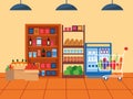 Supermarket aisle with shelves with groceries and beverages fridge