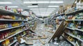 Supermarket aisles in disarray after an earthquake