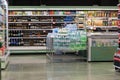 Supermarket background, shop grocery aisle, market for buying goods and food, hypermarket interior, product racks, selling and