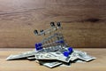 Supermarket basket lies on a heap with American dollars. Shopping cart trolley at Hundred Dollar Bills. Lots of money for shopping