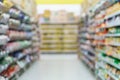 Supermarket blurred background.instant noodles on shelves at grocery