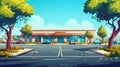 Supermarket building with parking cartoon modern illustration. Retail store parking. Commercial storefront with street Royalty Free Stock Photo