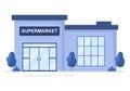 Supermarket Building with Shelves, Grocery Items and Full Shopping Cart, Retail, Products and Consumers in Flat Illustration Royalty Free Stock Photo