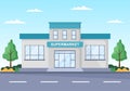 Supermarket Building with Shelves, Grocery Items and Full Shopping Cart, Retail, Products and Consumers in Flat Illustration Royalty Free Stock Photo