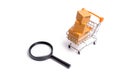 Supermarket cart with boxes, merchandise and magnifying glass: the concept of buying and selling goods and services Royalty Free Stock Photo