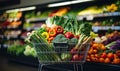 A supermarket cart full of fresh vegetables and fruits on the background of the store shelves. Generated by AI Royalty Free Stock Photo