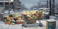 Supermarket cart full of groceries and food stands in a snow covered parking lot, concept of Winter shopping spree