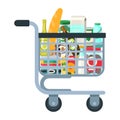 Supermarket cart full with groceries isolated on white. Pushcart full with food vector illustration. Organic foods store Royalty Free Stock Photo