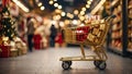 A supermarket cart with gold and red boxes of Christmas and New Year gifts between the supermarket\'s festive shelves. ,
