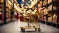 A supermarket cart with gold and red boxes of Christmas and New Year gifts between the supermarket\'s festive shelves. ,