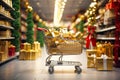 A supermarket cart with gold and red boxes of Christmas and New Year gifts between the supermarket\'s festive shelves. ,