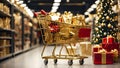 A supermarket cart with gold and red boxes of Christmas and New Year gifts between the supermarket\'s festive shelves. ,